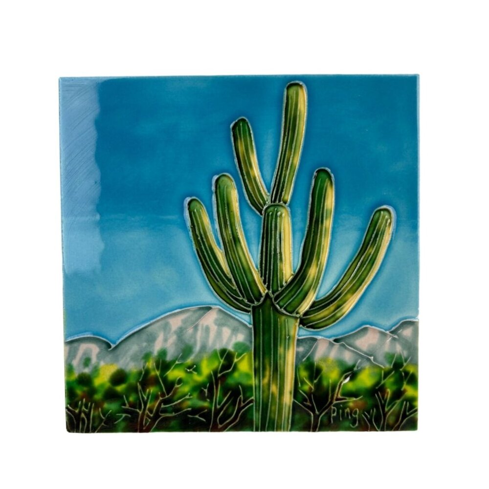 PING Artist Ceramic Tile Art Large Cactus Saguaro REPAIRED/FLAW